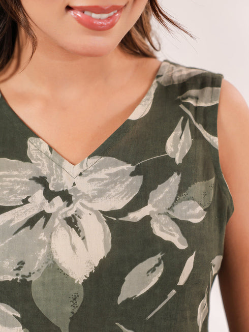 Janasya Women's Olive Green Linen Cotton Floral Printed Tiered Dress